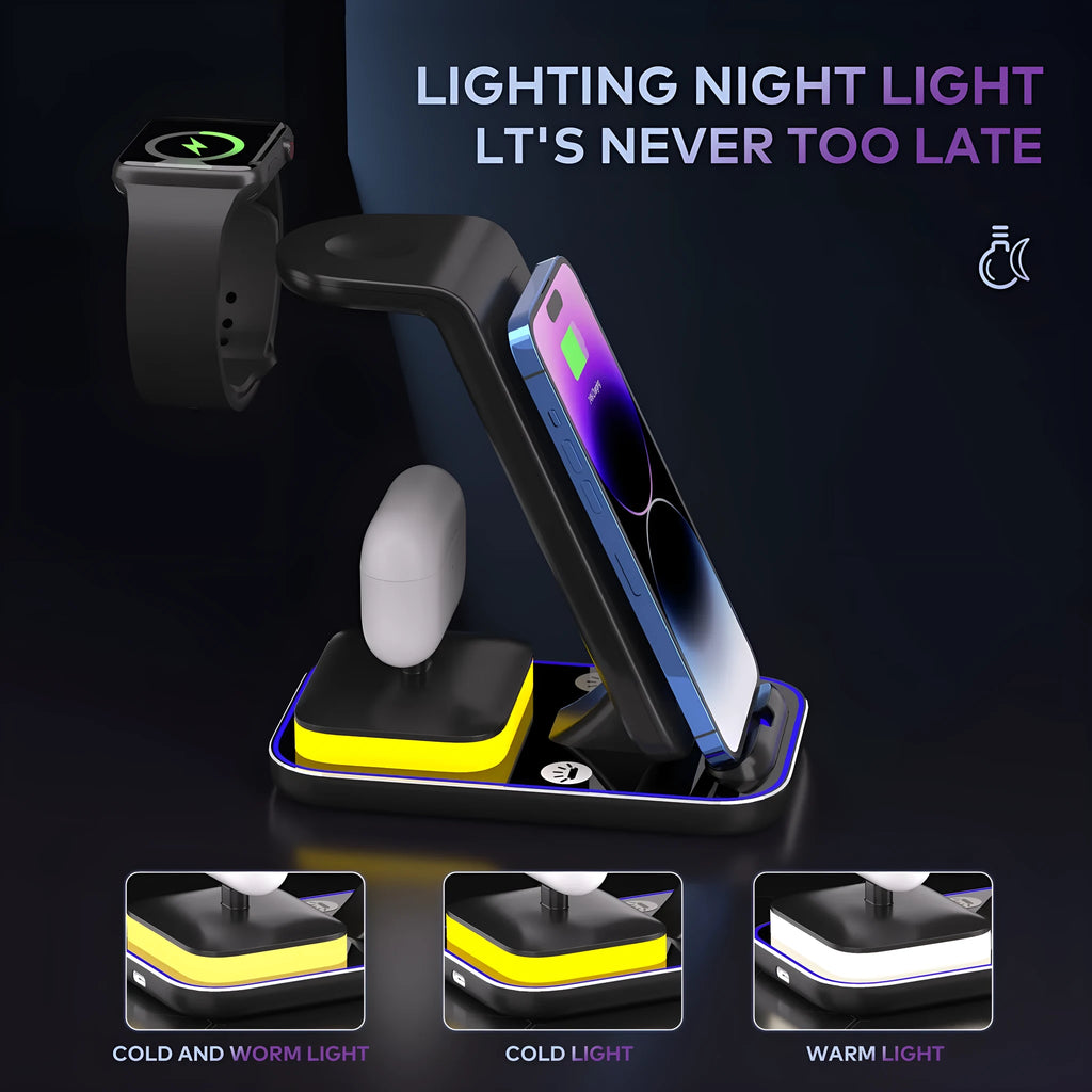 Black vertical wireless charger showing phone charging upright with 15W fast charging capability