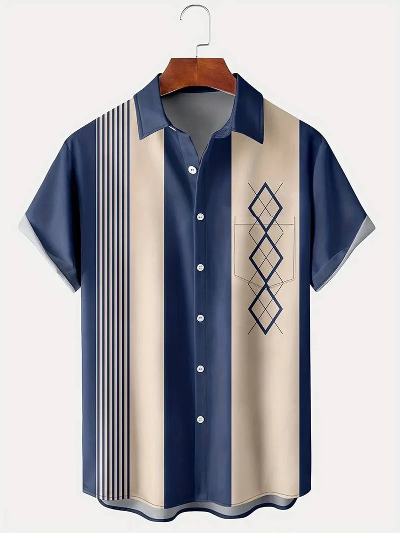 Men's plaid short-sleeve shirt cardigan with lapel collar showing elastic fabric detail