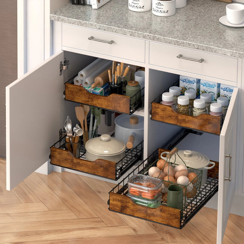 Black kitchen storage rack with pull basket drawers made from wood and iron materials