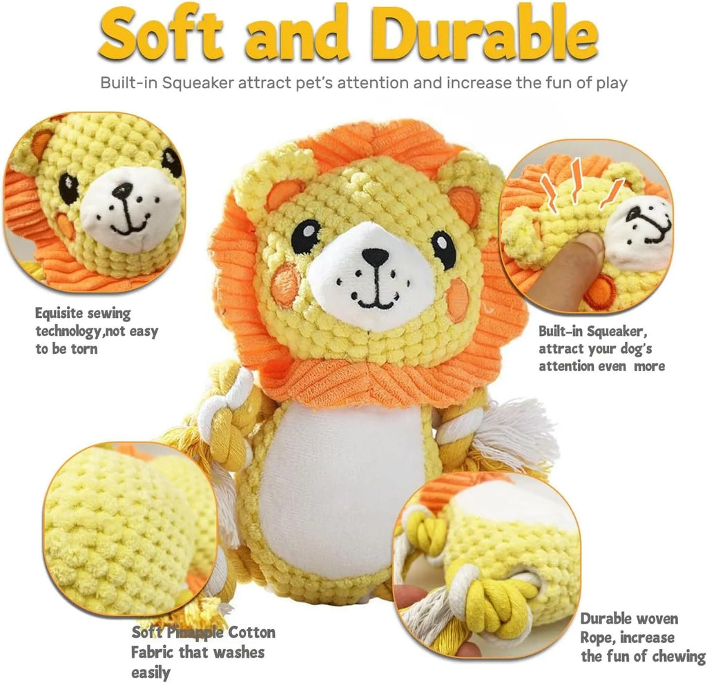 Plush squeaky dog toy bundle with lion and monkey designs for medium to large dogs