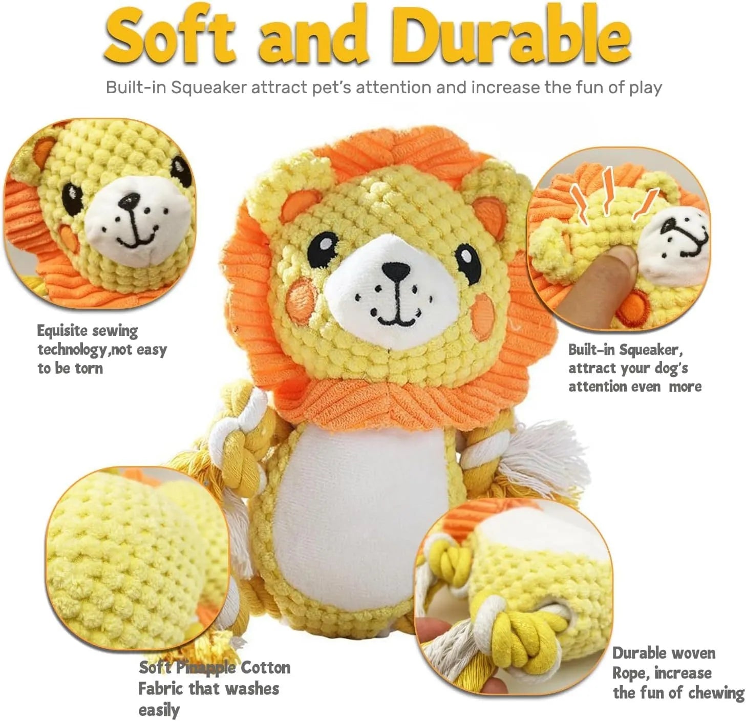 Plush squeaky dog toy bundle with lion and monkey designs for medium to large dogs