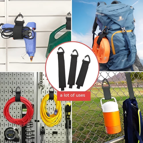 Black heavy-duty carabiner storage strap with climbing button, shown in three size variations for garage and workshop organisation.