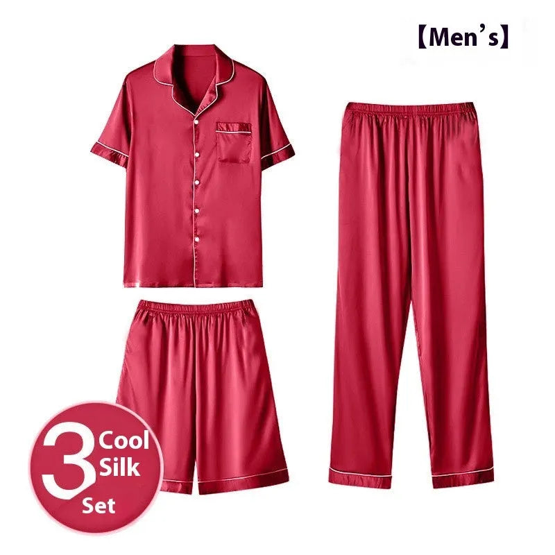 Men's black ice silk three-piece home wear suit featuring a sleeveless top, shorts, and trousers laid flat