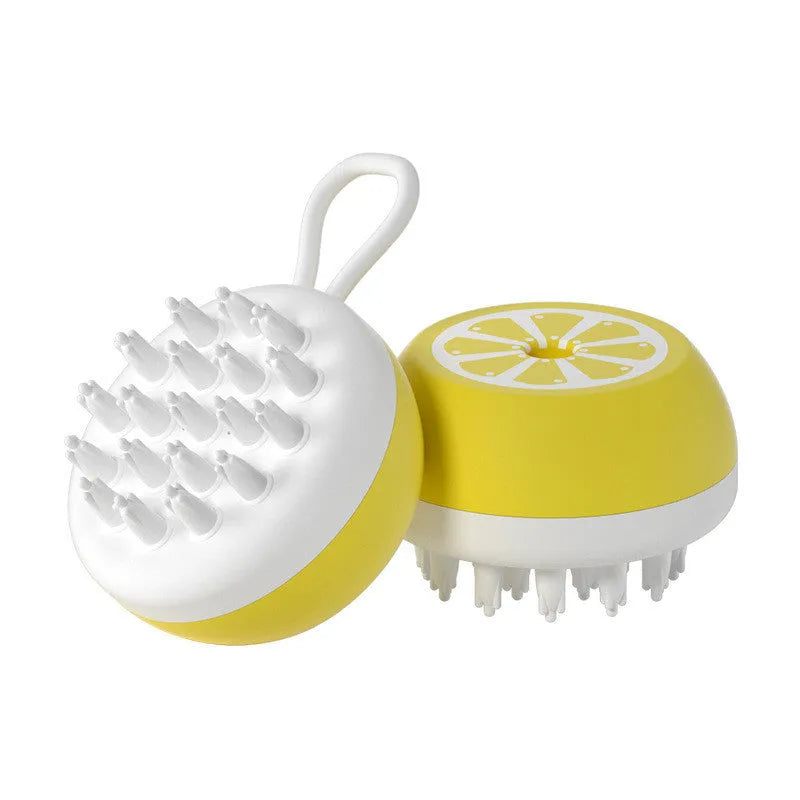 Soft yellow silicone pet bath brush with massage nodes and comb bristles for dog and cat washing.