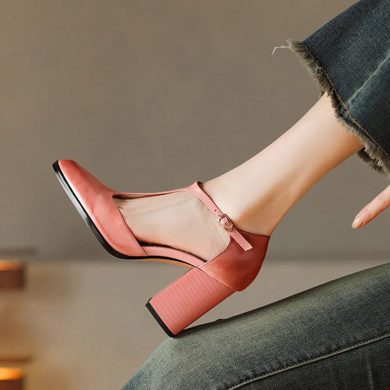 Women's dark brown hollow-out pointed toe buckle heels made from genuine cowhide leather.