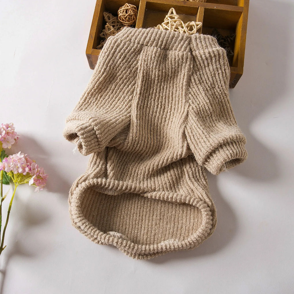 Brown cloth sweater pullover for small dog breeds on mannequin showing casual style pet clothing