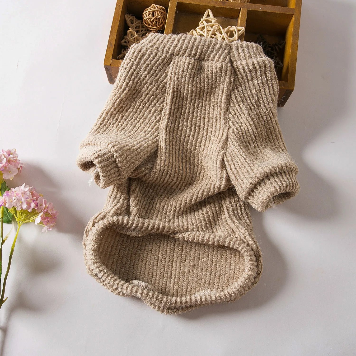 Brown cloth sweater pullover for small dog breeds on mannequin showing casual style pet clothing