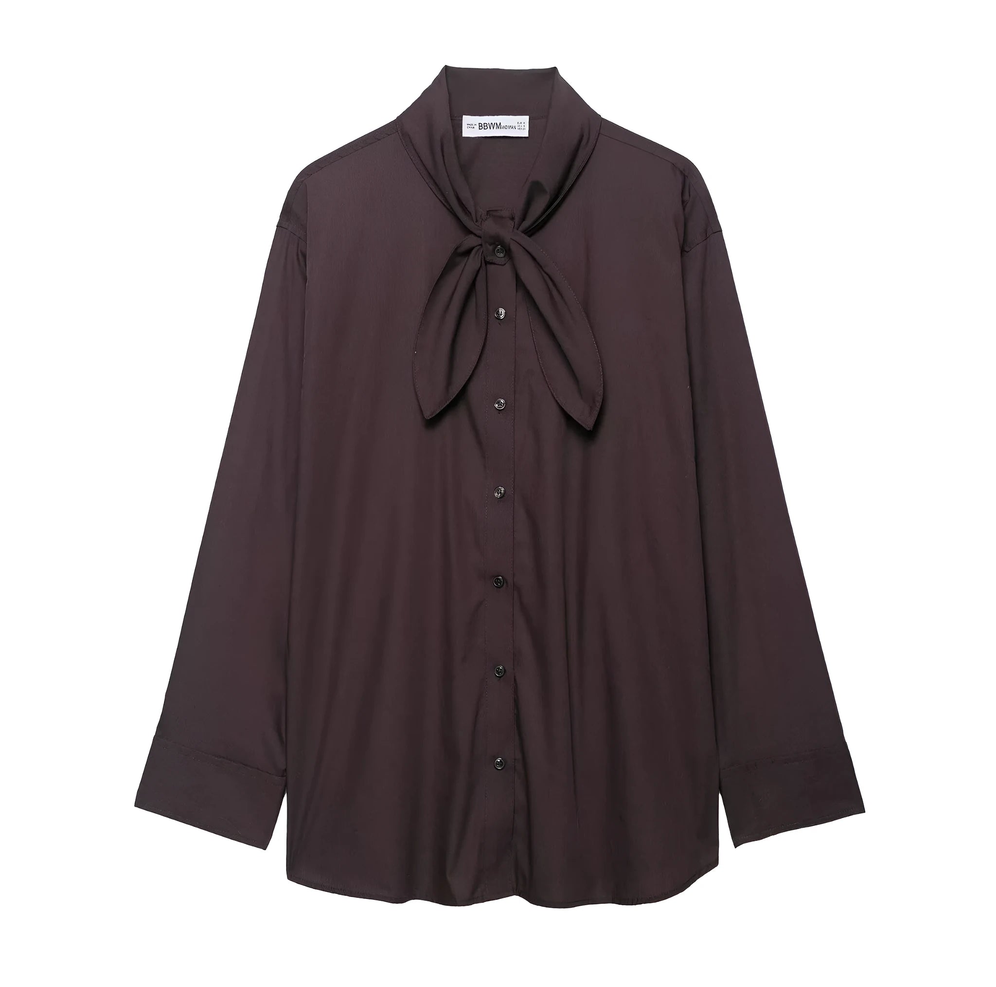 Brown women's poplin shirt with a bow tie, cardigan-style front, and long sleeves.
