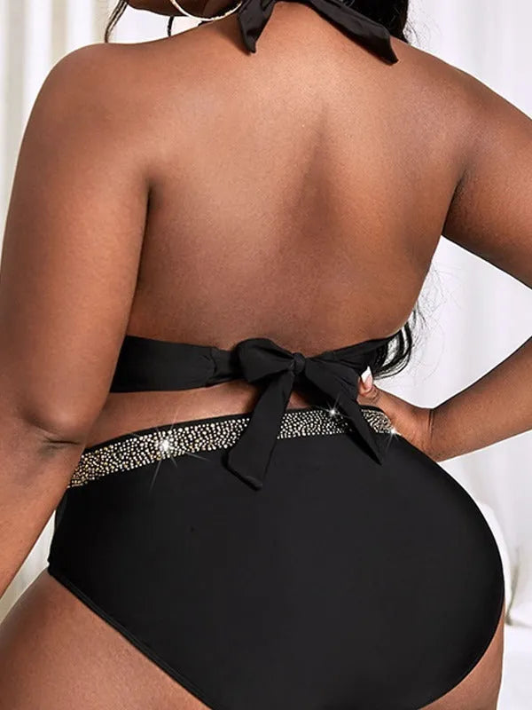 Black plus size women's bikini swimsuit with bra and shorts