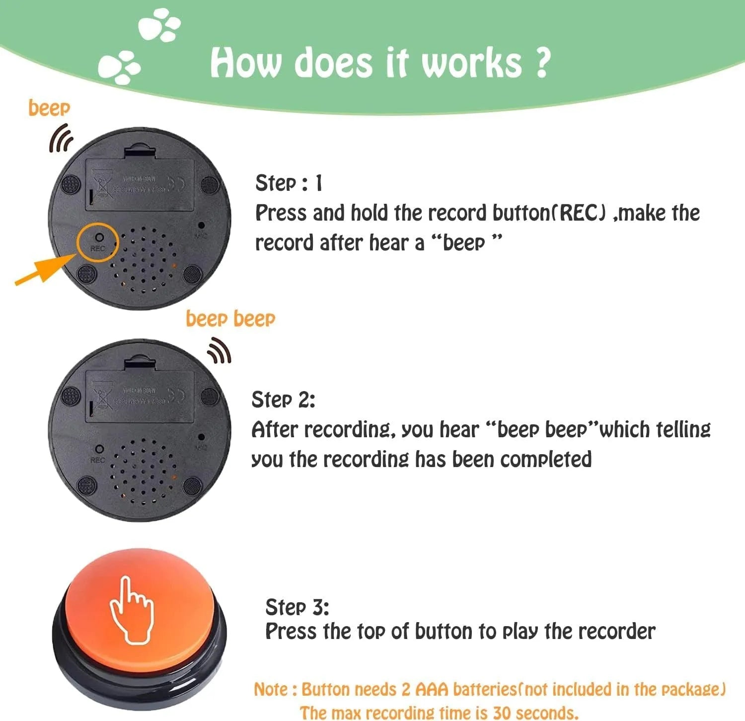 Voice recording dog training buzzer in five colour options showing record and playback buttons