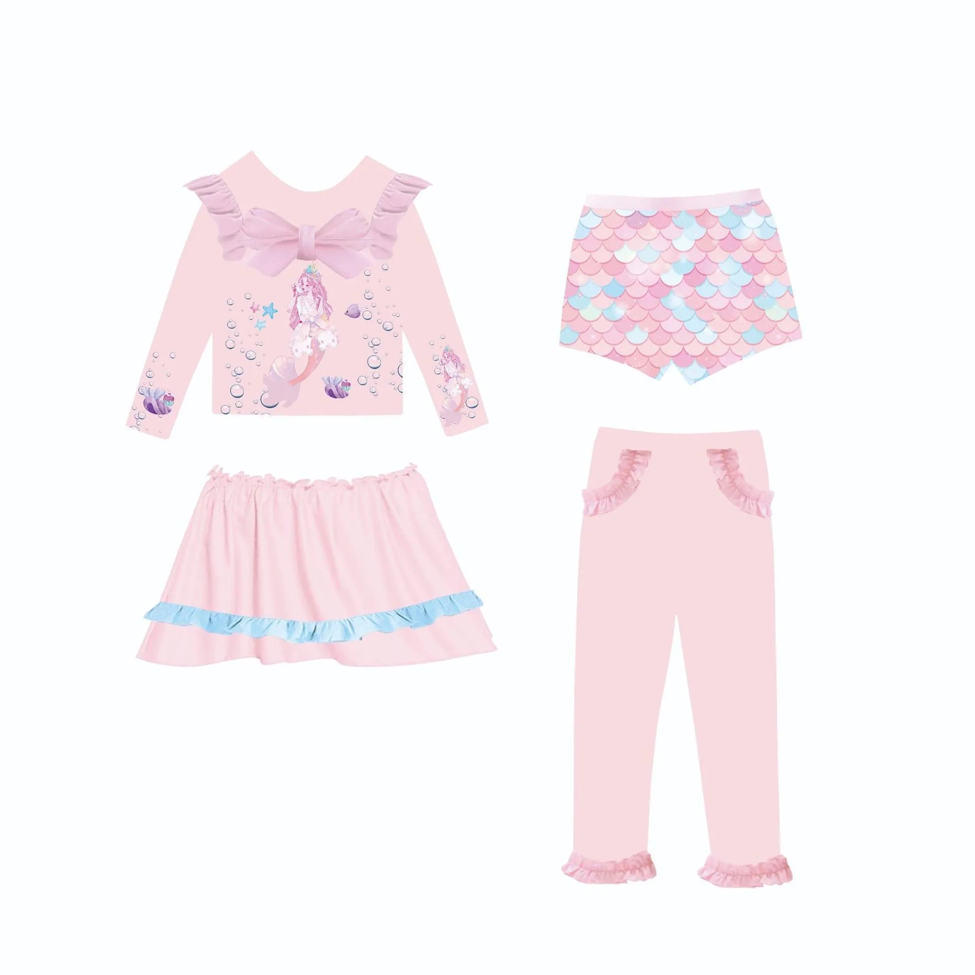 Girl's gilded coloured mermaid swimsuit set with long sleeve top and skirt in Baby Ocean colour