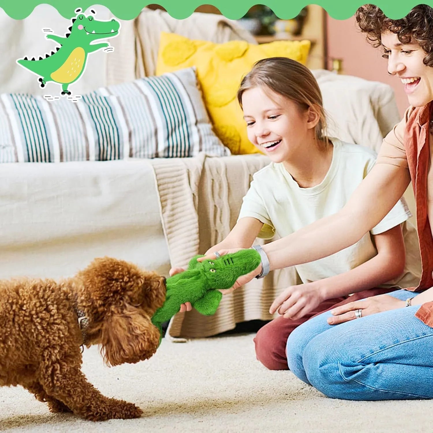 Green crocodile plush dog toy with stuffing-free construction and squeaker sound feature