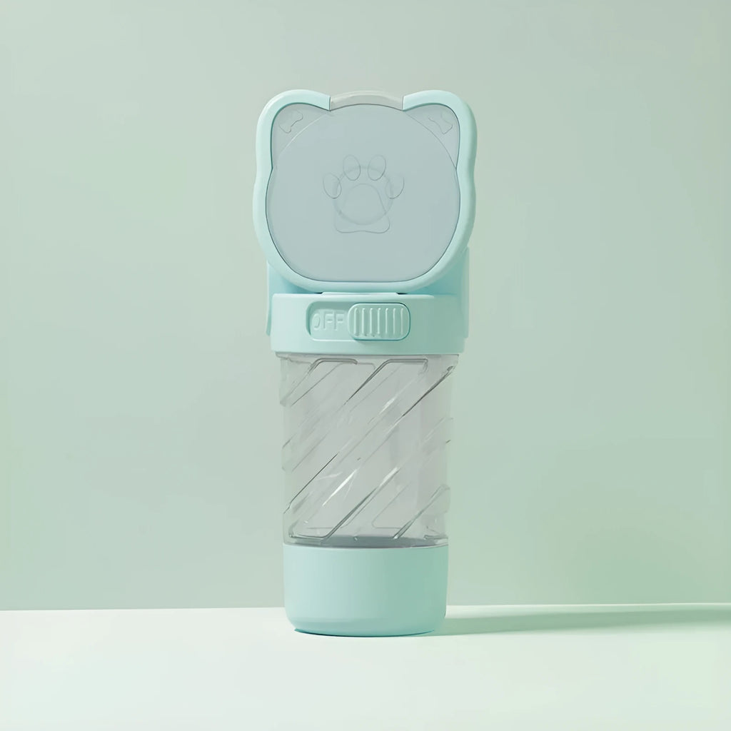 Green pink white portable pet water bottle with food container and waste bag dispenser