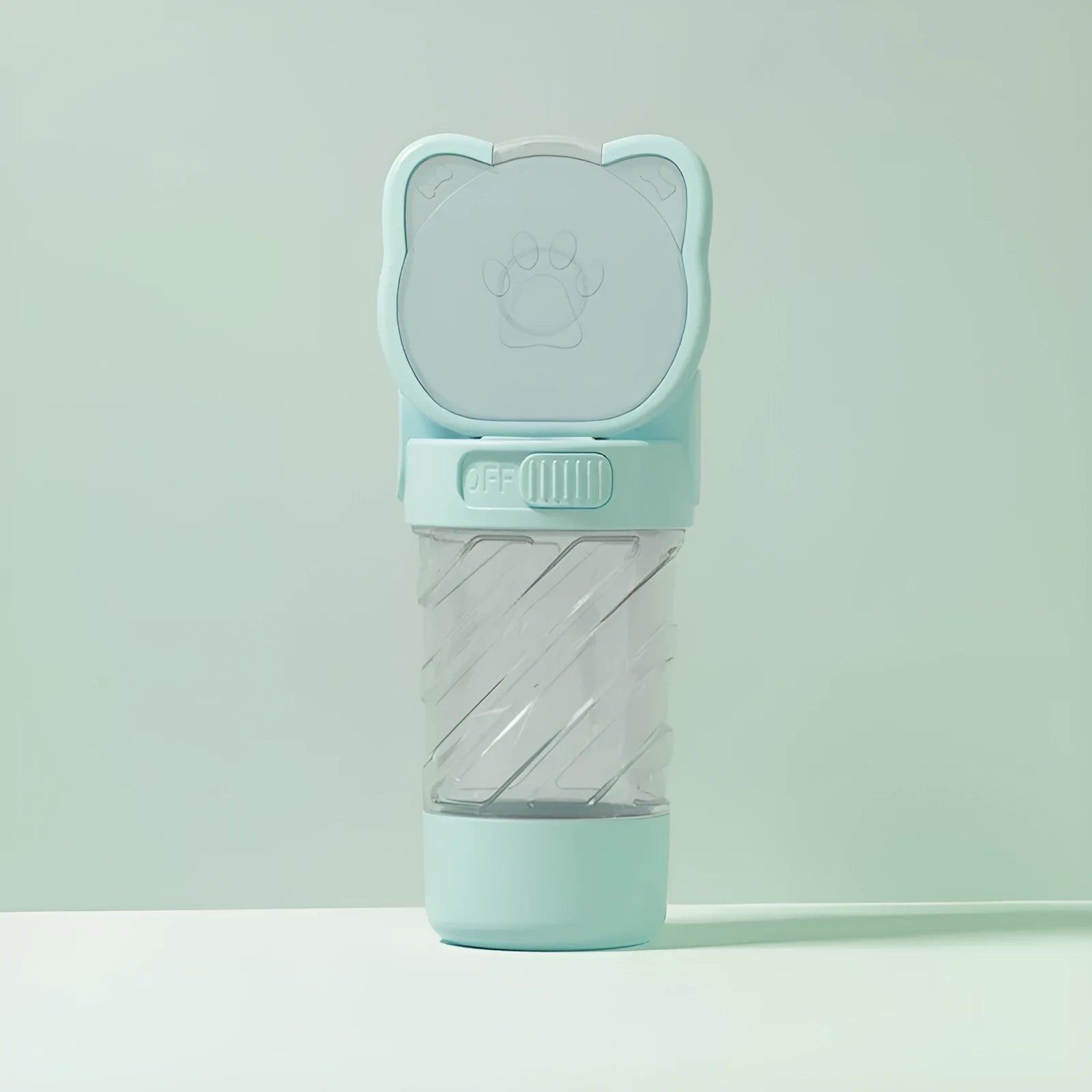 Green pink white portable pet water bottle with food container and waste bag dispenser