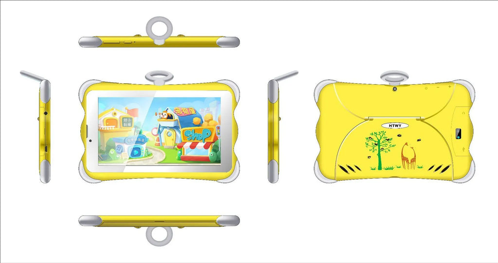 7-inch children's learning tablet in cartoon colours, shown with its foldable stand open, on a table.