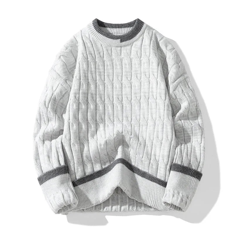 Men's loose fit two-piece acrylic modal sweater set in light blue, sporty pullover style.