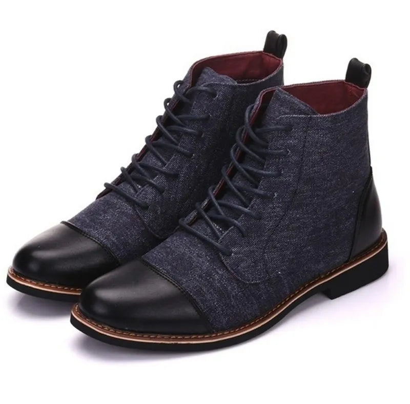 Men's leather motorcycle-style boots with metal belt buckles on a rubber sole, shown in black.