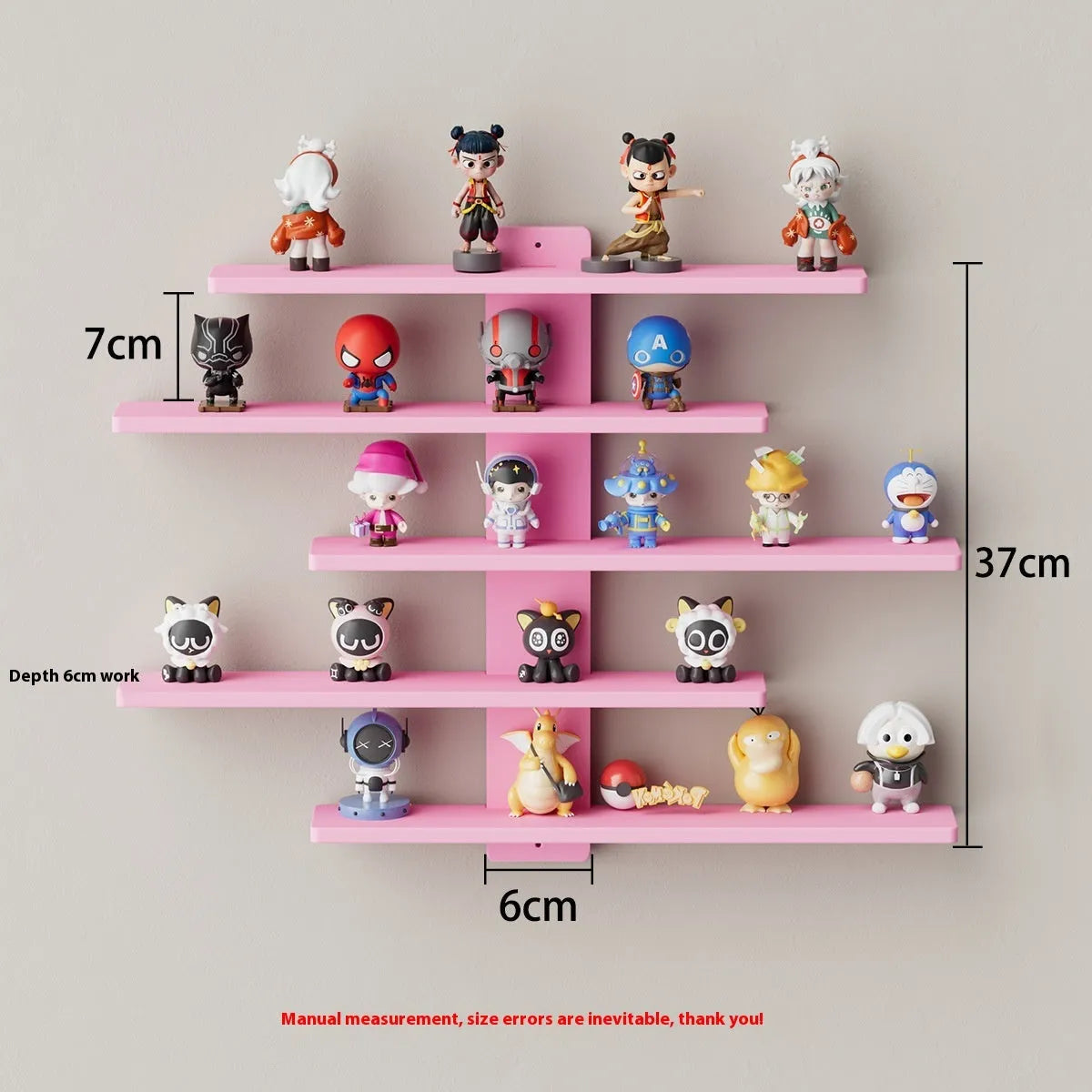Five-tier white wall-mounted PVC storage rack displaying various dolls and blind box toys.