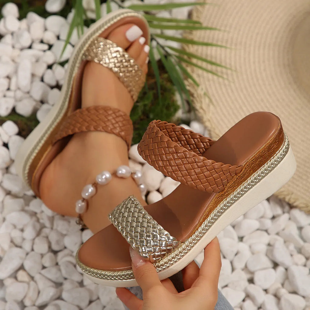 Gold wedge sandals for women with PU upper and rubber sole, shown in a plus size width.