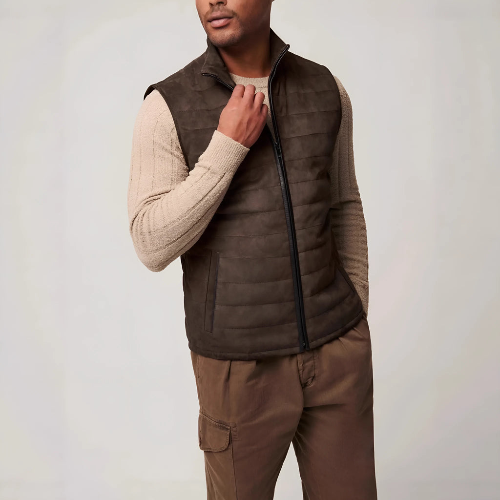 Brown leather men's horizontal vest jacket with straight hem made from polyester fiber, available in multiple sizes
