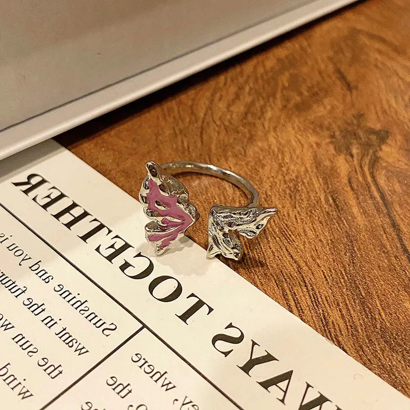 Women's copper butterfly ring with dripping oil finish and adjustable open loop design