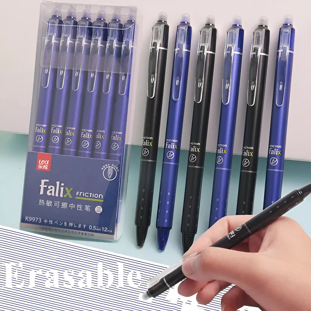Blue and black erasable gel pens with 0.5mm tips and push-button mechanisms for school use