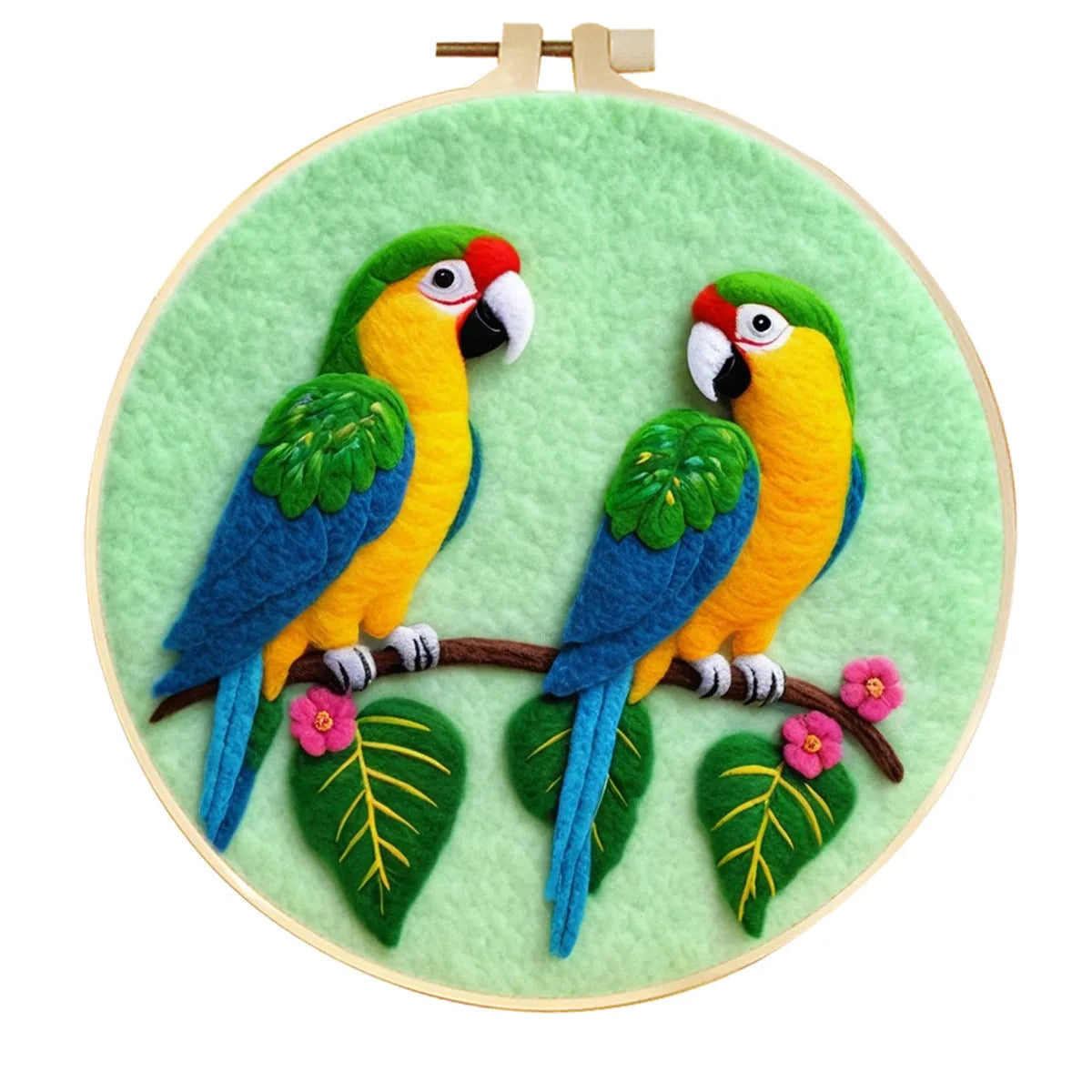 Round linen embroidery kit with wool felt materials for three-dimensional floral design