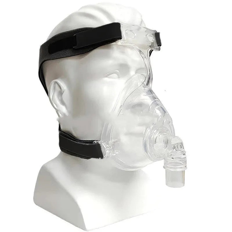 Transparent silicone CPAP breathing mask with headgear and adapter elbow accessories