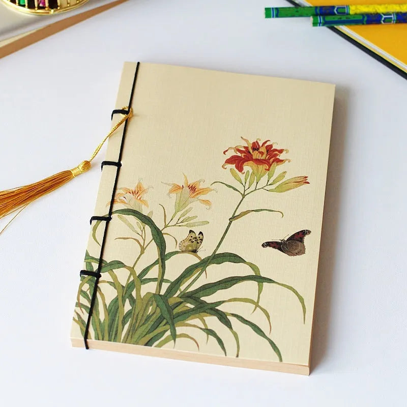 A5 antique wire-bound notebook with retro Chinese painting design on glossy embossed cover