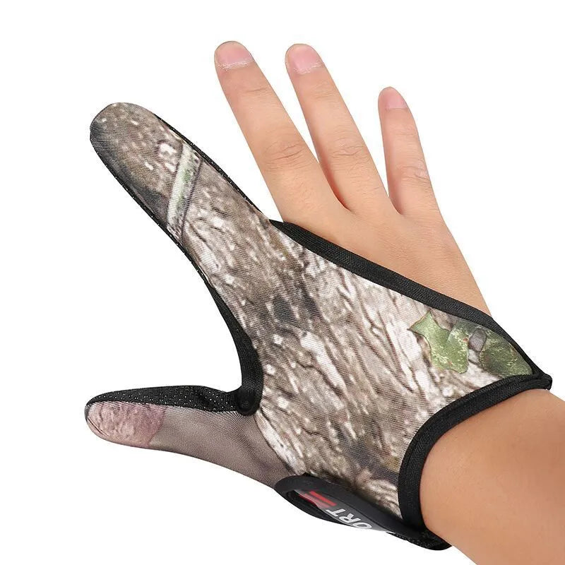 Two finger fishing glove in camouflage colour showing diving cloth back and microfiber palm material.