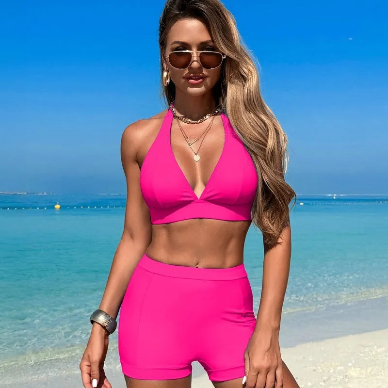 Women's split style bikini swimsuit set for swimming in black colour