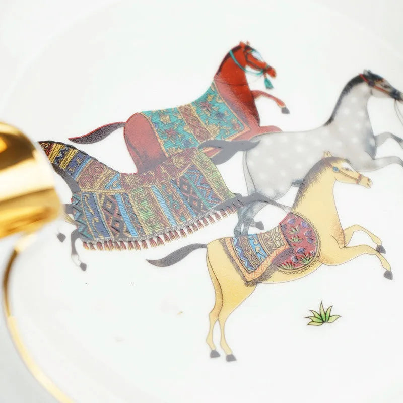 Bone ceramic cigar ashtray 175mm with hand-painted gold rim and horse motif on white background