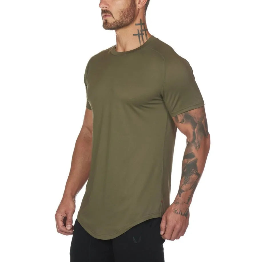 Men's plain gym shirt in cotton-spandex blend available in army green, black, and white colours with size options