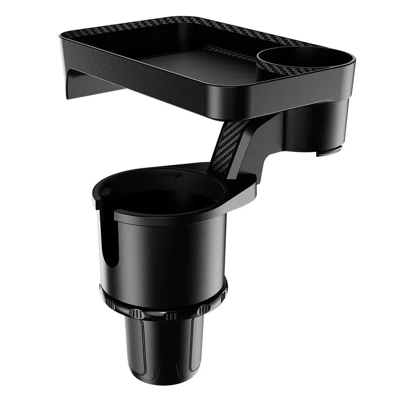 Black ABS plastic 360-degree rotating car dinner tray holder mounted in a vehicle cup holder.