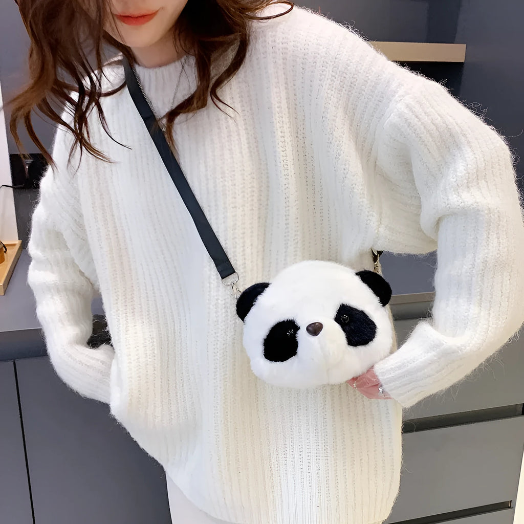 Plush panda head design crossbody shoulder bag with soft cylindrical shape