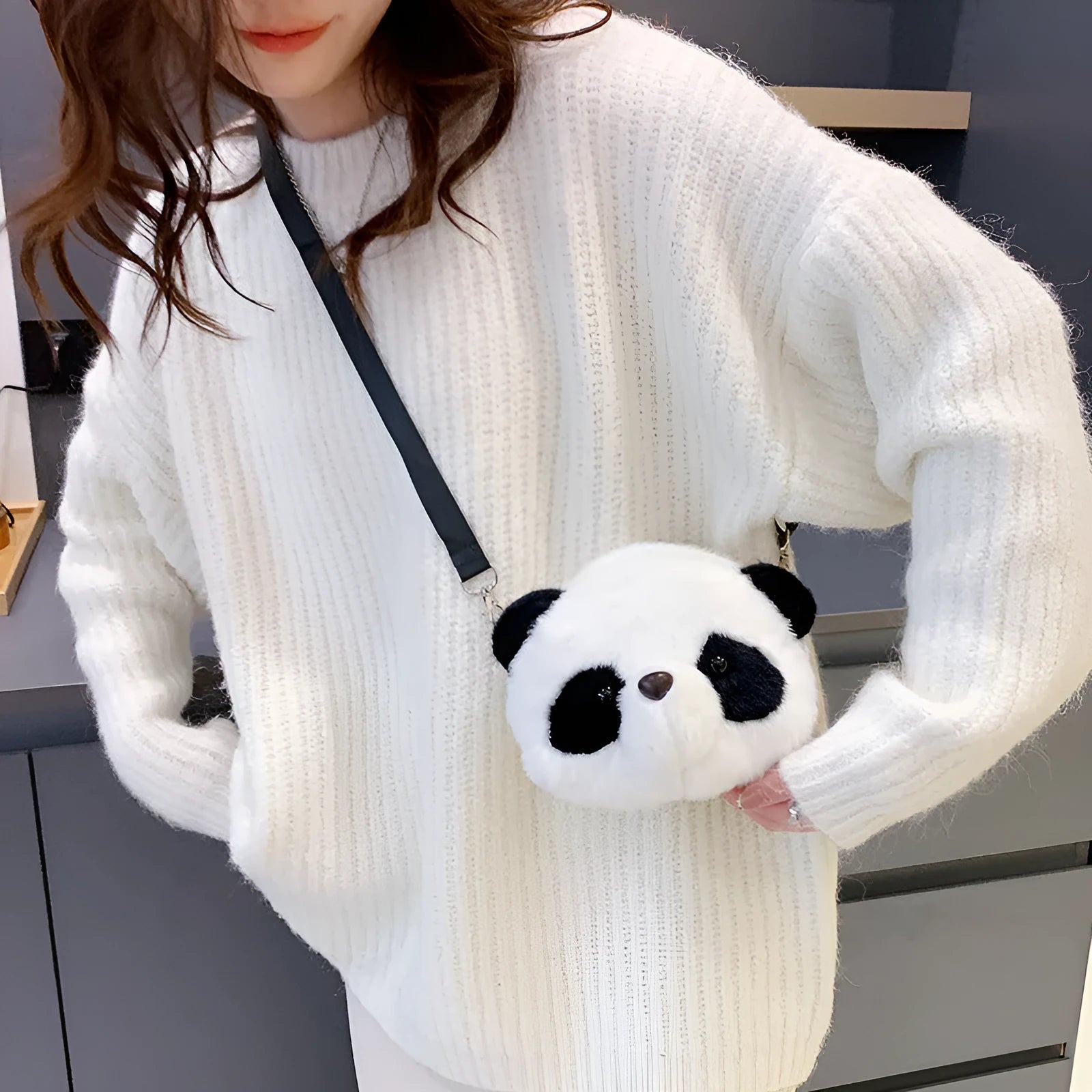 Plush panda head design crossbody shoulder bag with soft cylindrical shape