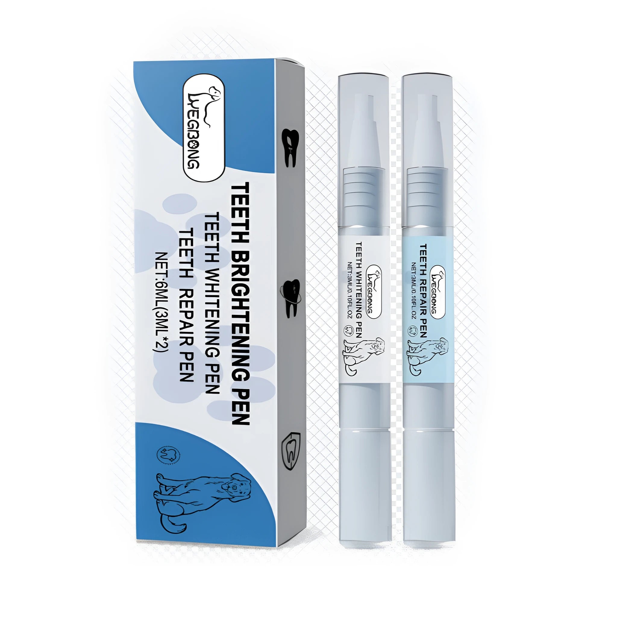 Pet dental care pen set with repair and whitening formulas in 1.3x12.8cm applicators