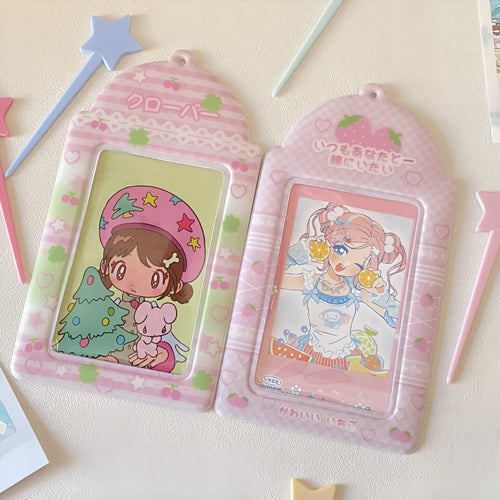 Cartoon strawberry and four-leaf clover PVC card holder pendants for ID and meal cards.
