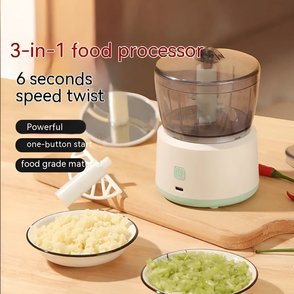 Mini electric meat grinder with transparent 225ml cup and stainless steel blades in light green or white