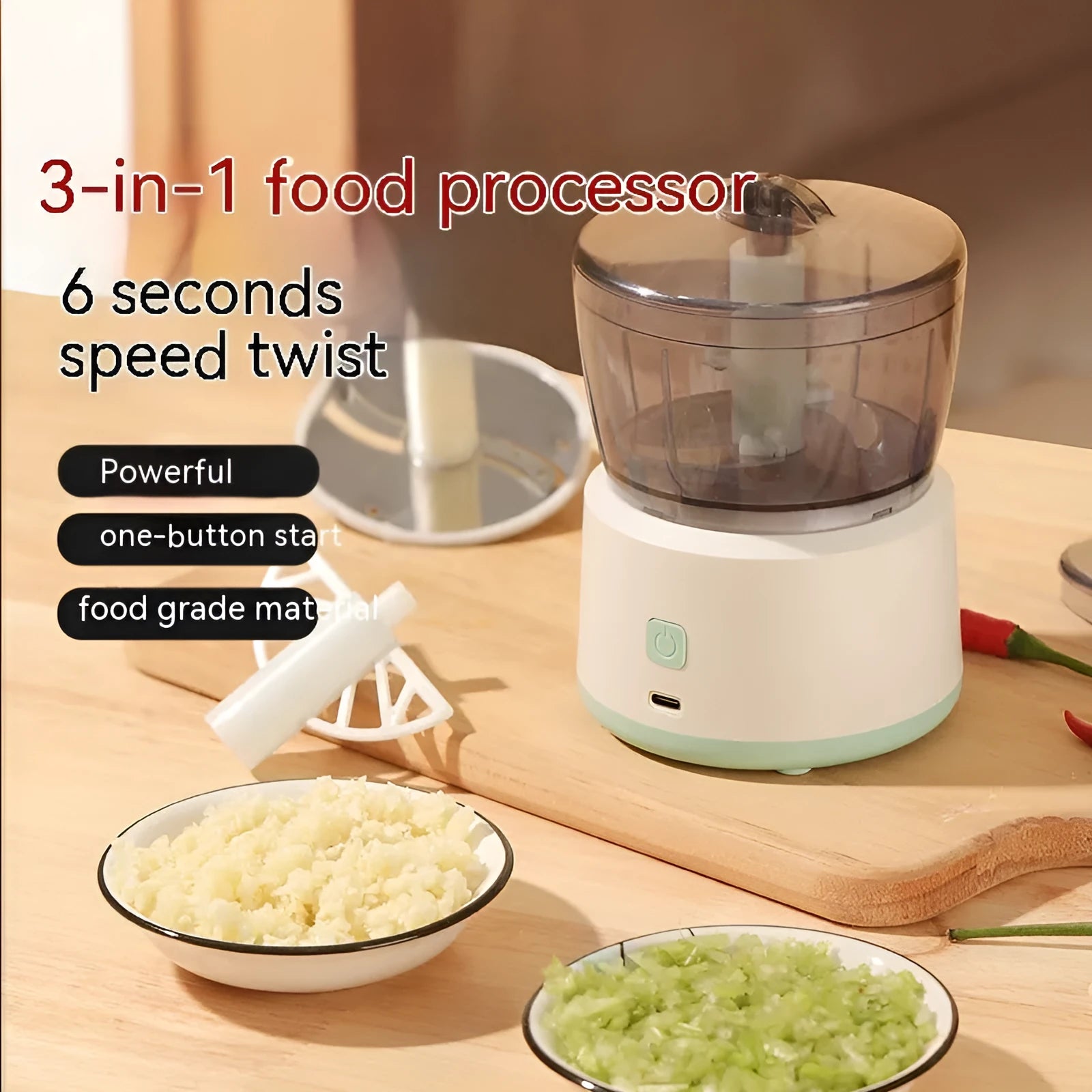 Mini electric meat grinder with transparent 225ml cup and stainless steel blades in light green or white
