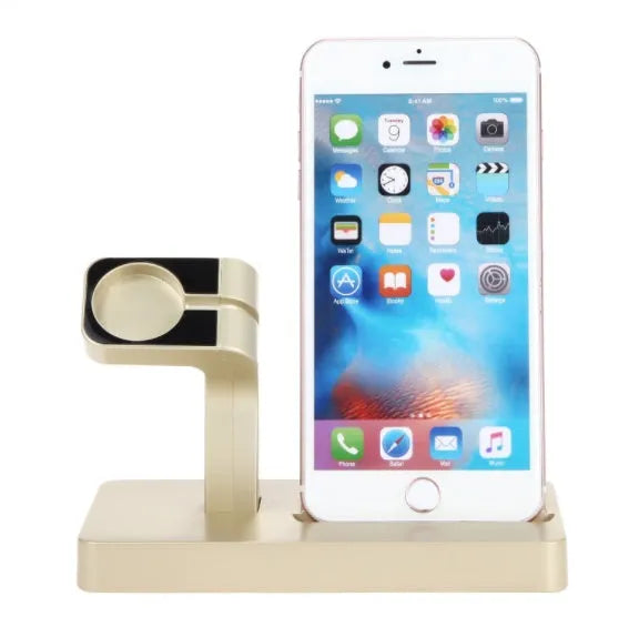 White 2-in-1 charging dock station holding iPhone and Apple Watch with cable management cutout