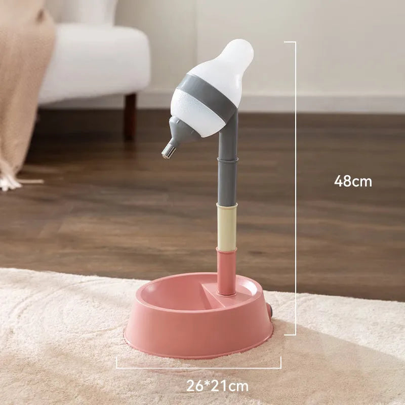 Green height-adjustable pet water dispenser with detachable pole and weighted bowl on a floor.