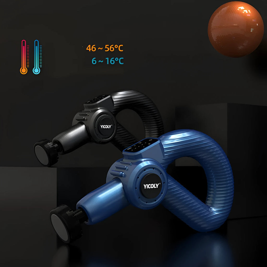Black smart muscle massage gun with hot and ice compress functions and five attachment heads