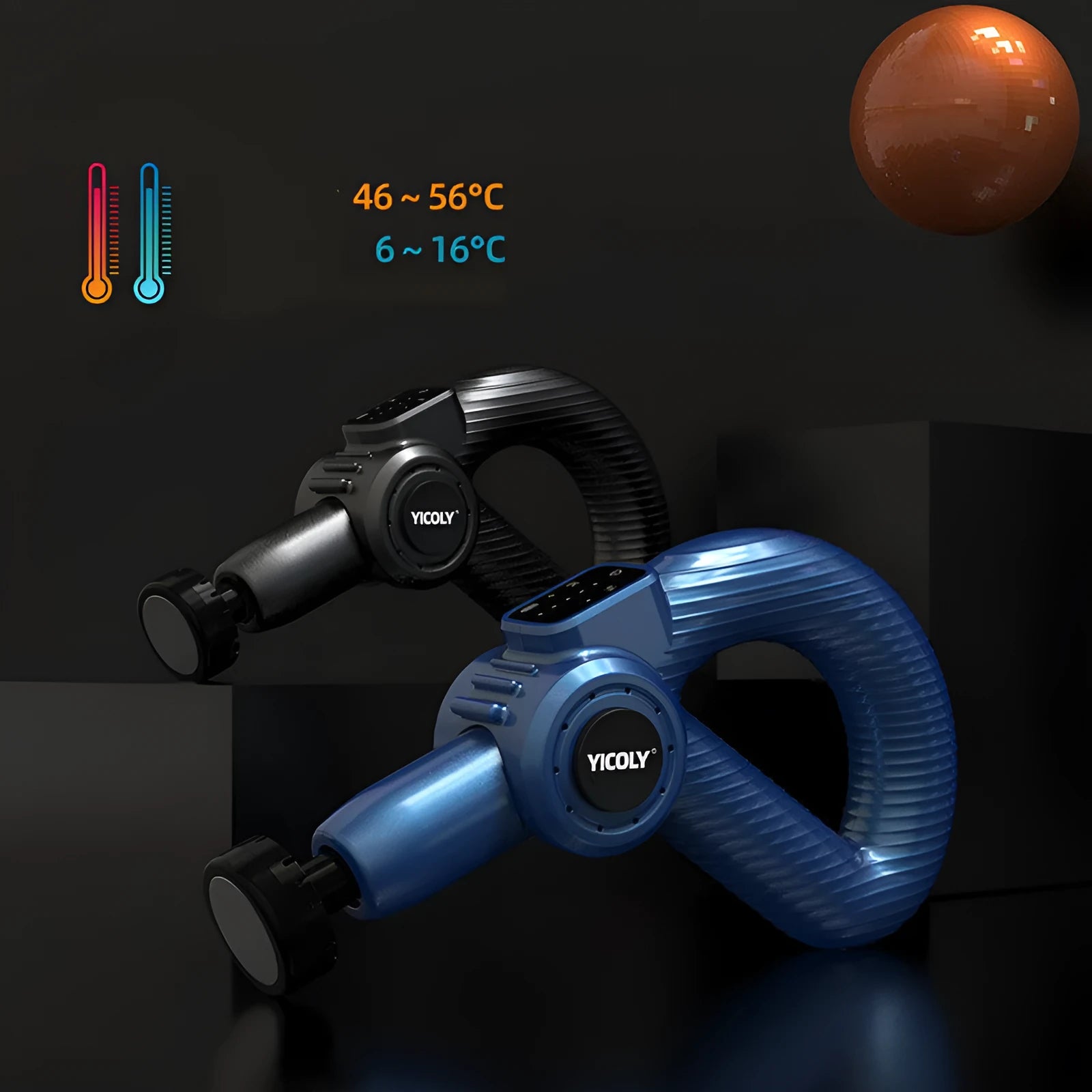 Black smart muscle massage gun with hot and ice compress functions and five attachment heads