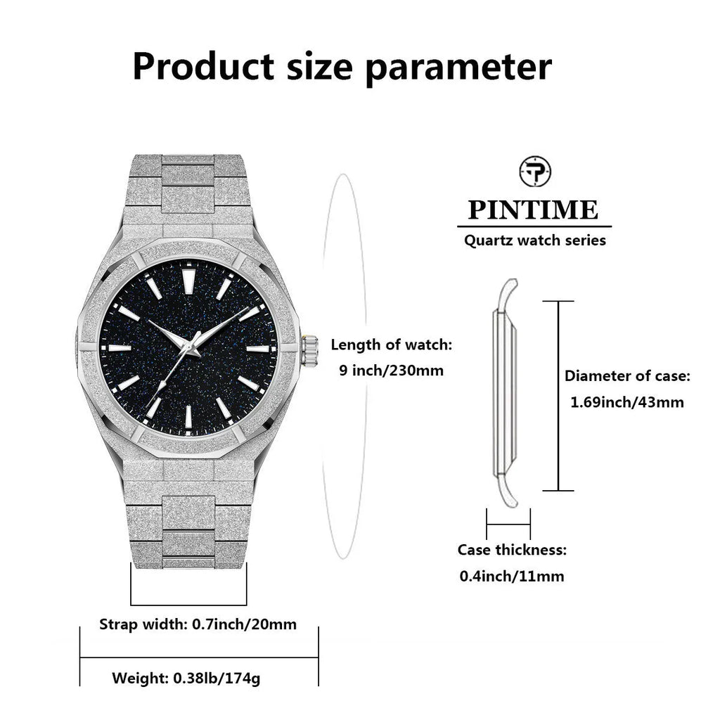 Business men's stainless steel watch with frosted case and luminous markers in silver, gold or black