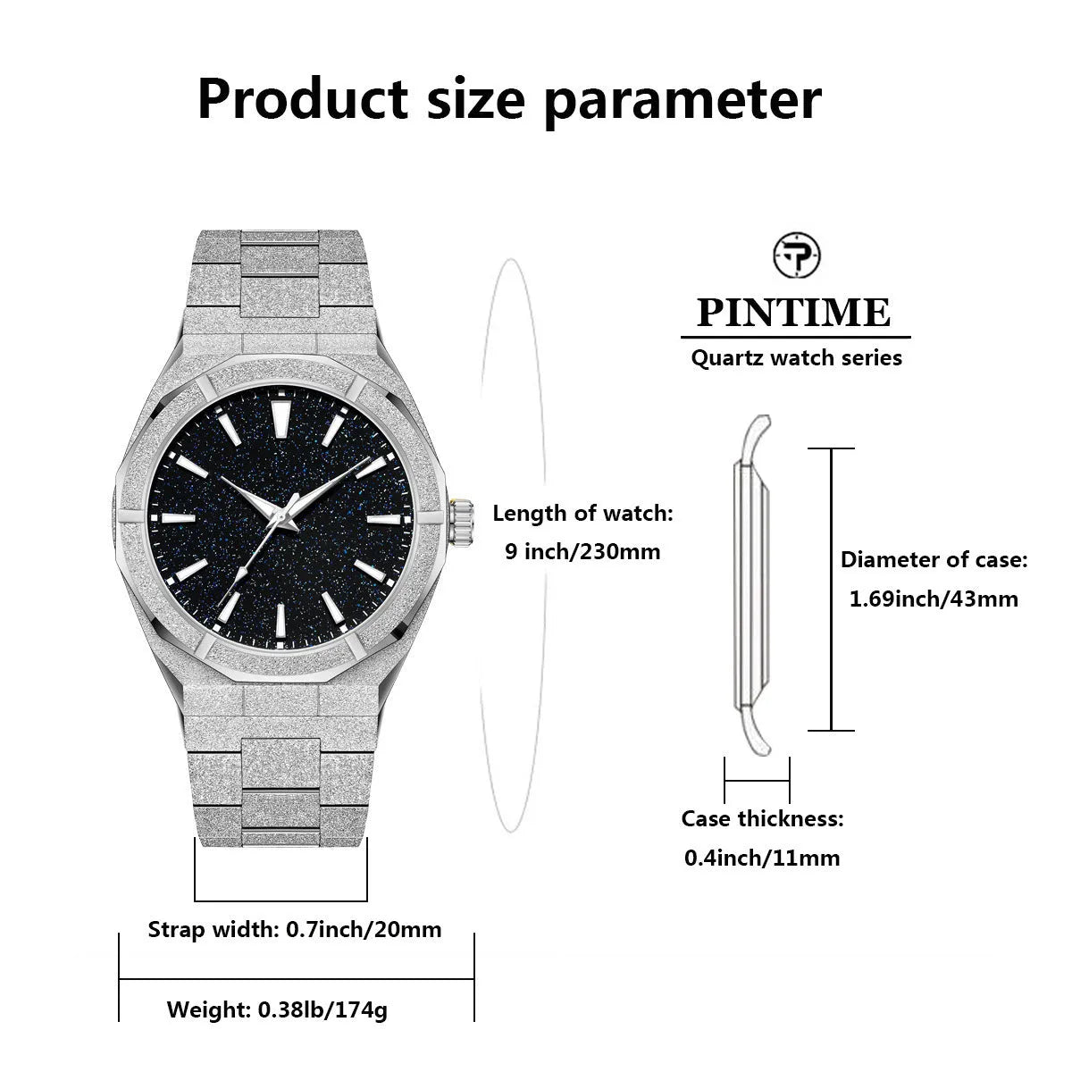 Business men's stainless steel watch with frosted case and luminous markers in silver, gold or black