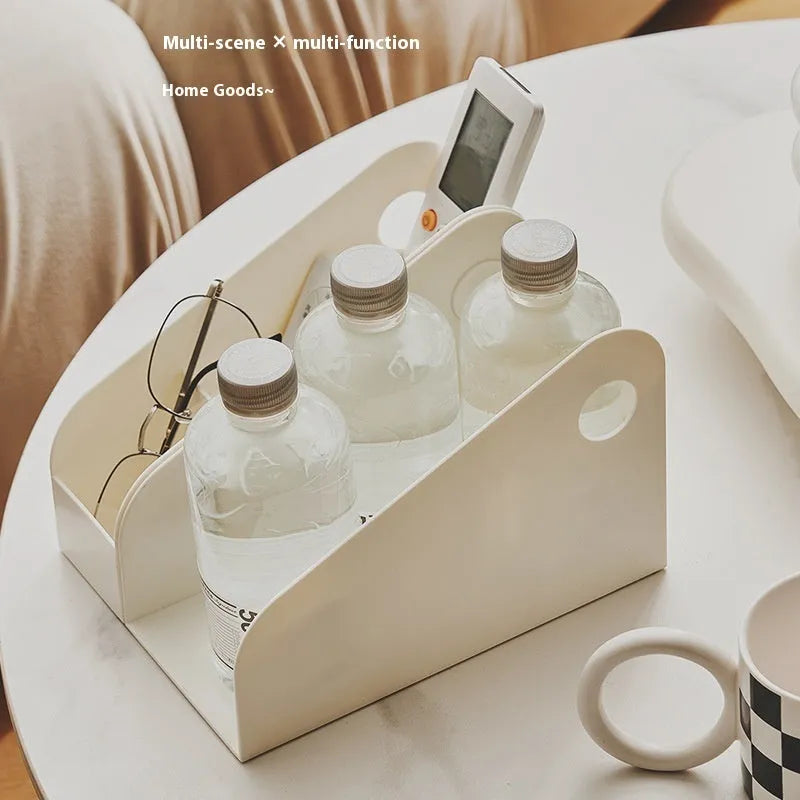 Plastic desktop stationery organiser with two-layer grid storage in milk coffee colour