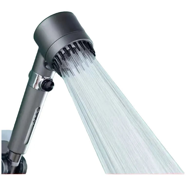 Portable white ABS shower head with three-gear dial for spray, massage, and rain functions.