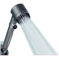 Portable white ABS shower head with three-gear dial for spray, massage, and rain functions.