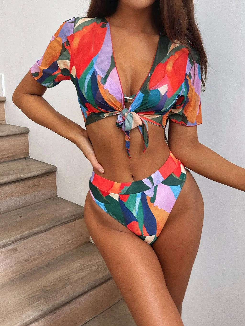 Red women's split swimsuit with printed pattern in nylon fabric for swimming sports